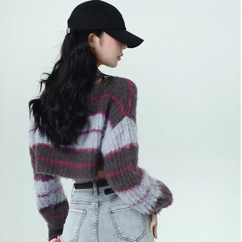 Y2k Women Striped Sweater Loose Fall Pullover Knit Crop Tops Long Sleeve Streetwear Pullover Jumper Sexy Off Shoulder Ladies Top