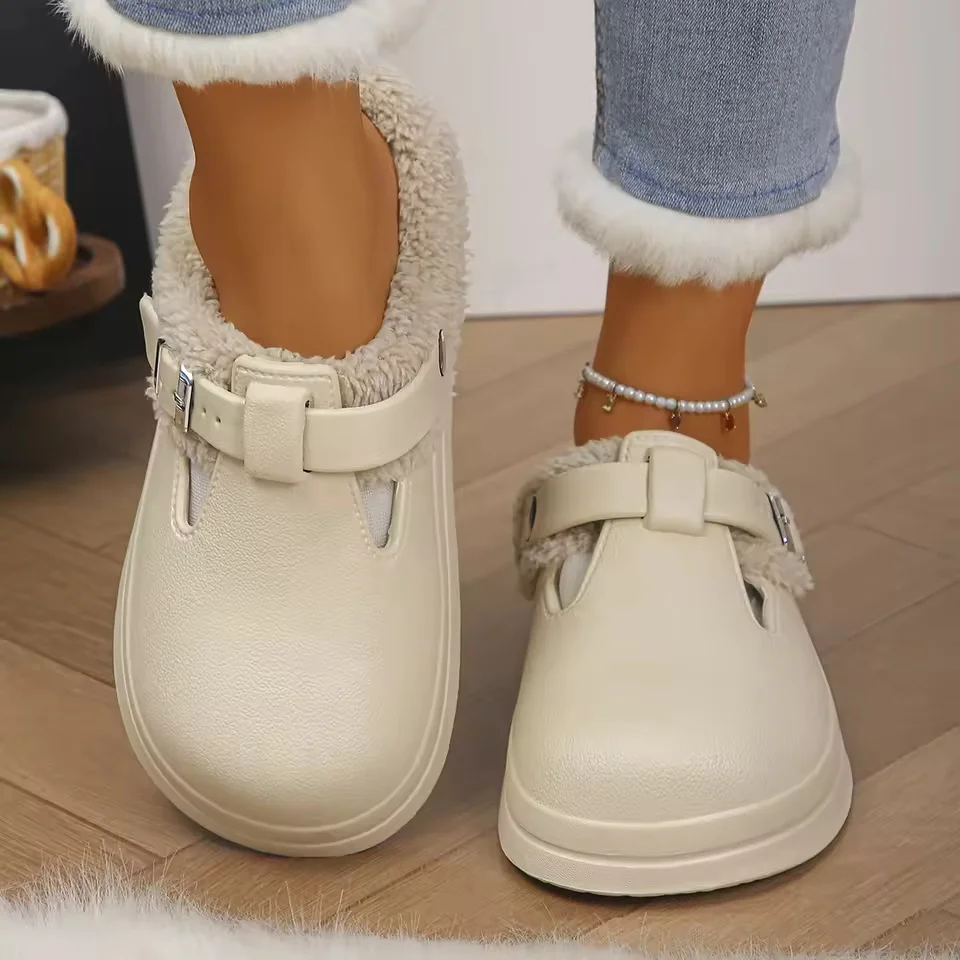 مقاوم للماء إيفا فروي البغال النعال النساء 2025 الشتاء مشبك معدني الدافئة نعال قماش لينة سميكة القاع عدم الانزلاق الشرائح الداخلية #4