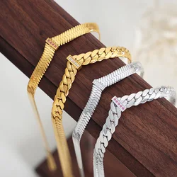 Herringbone Chain Necklace for Women 18k Gold Plated Stainless Steel Zircon Charm Necklaces Hip-hop Rock Style Statement Jewelry