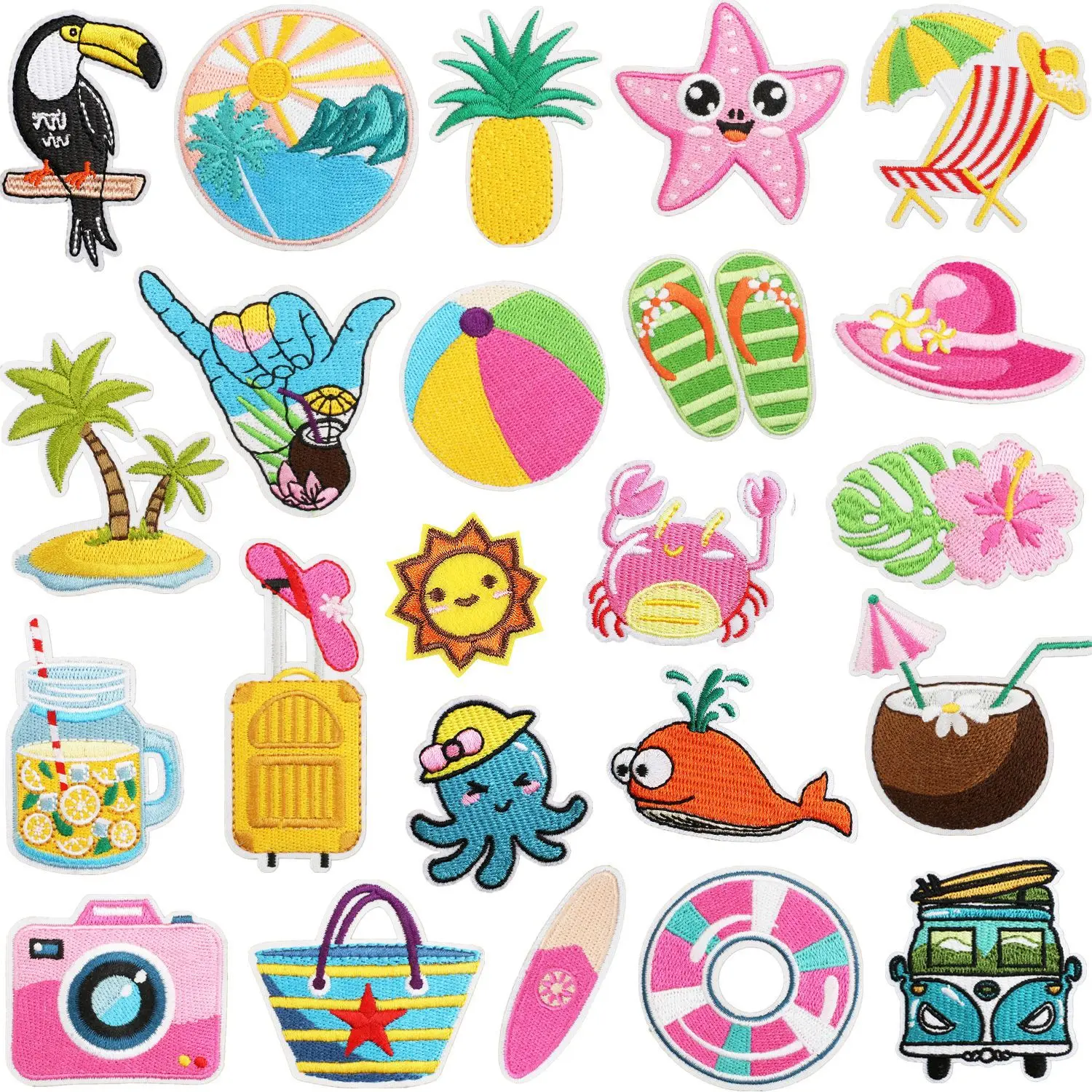 Beach Vacation Series Cartoon Embroidery Iron on Patches Tropic Scenery Surfboard Swim Ring Cute Summer Appliques for Clothing