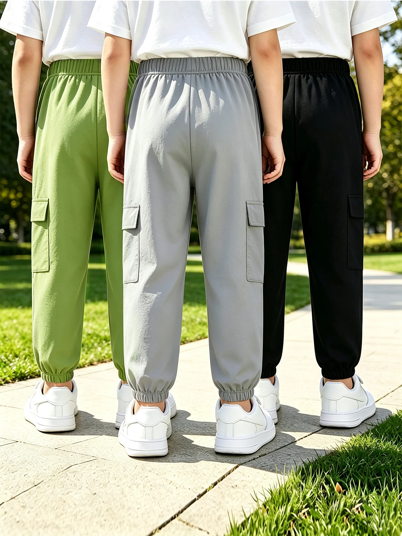 Children's Summer Solid Color Simple Workwear Pants, Boys' Sports Running Sweatpants, Girls' Fashionable Pocket Outdoor Pants