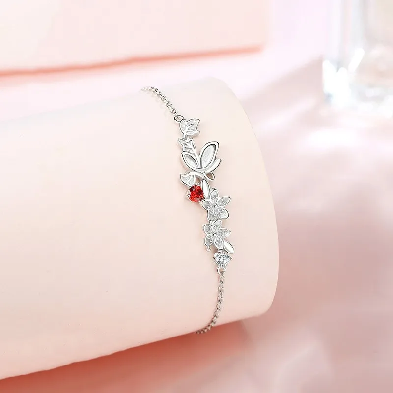 NEW European S925 Sterling silver AAA CZ Butterfly Peach Blossom Bracelet Chain For Women Birthday Party Gift Jewelry