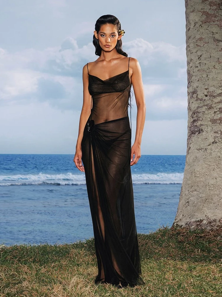 Cutenew Mesh seksowne gorące sukienki damskie Trend zawieszka przezroczysta rozkloszowana szyja Backless prosta Bodycon kobiece wakacje Maxi sukienka