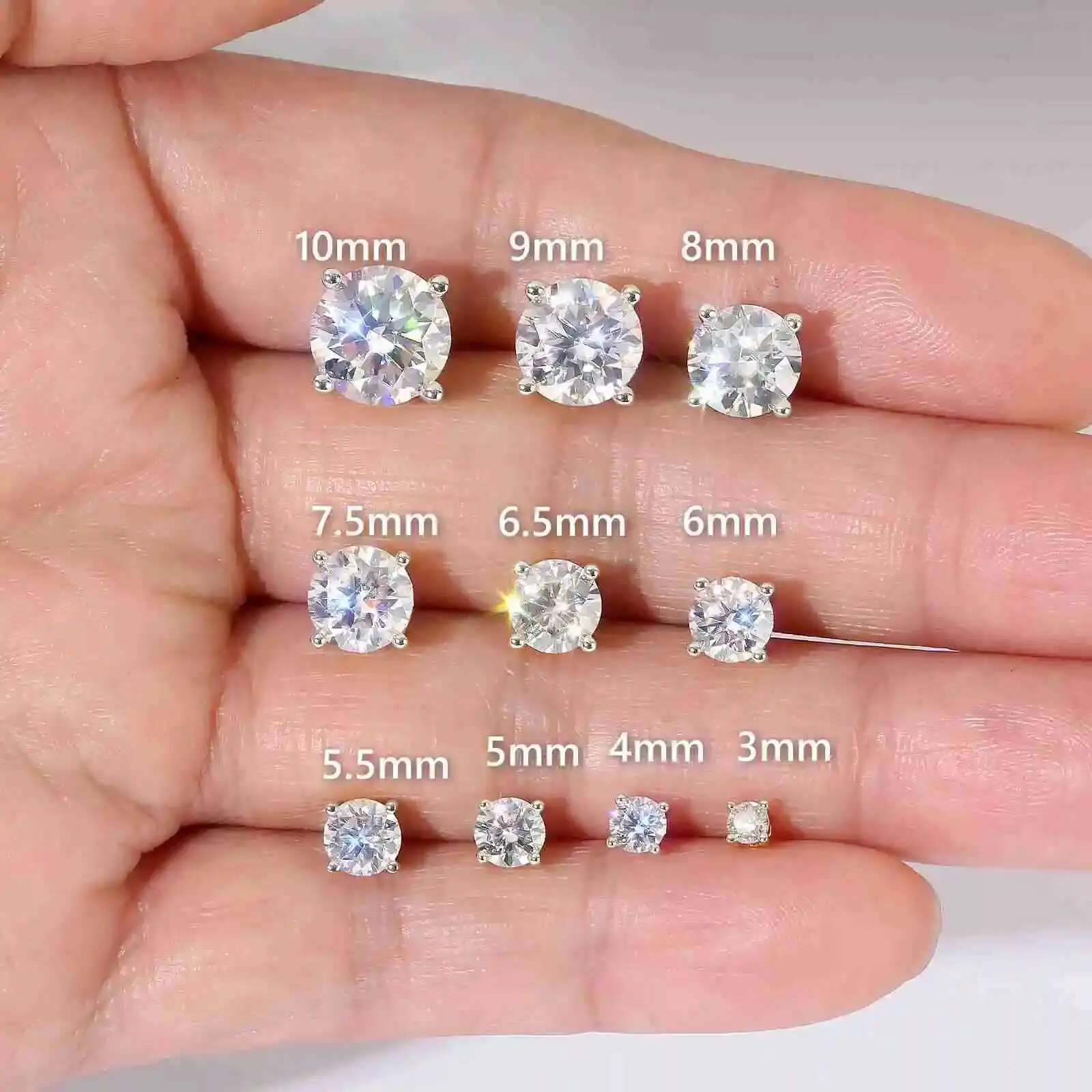 3-10mm 0.2ct-8.0ct White Yellow Gold Plate S925 Sterling Silver D VVS1 Lab Created Diamond Stud Moissanite Earring for Women Men