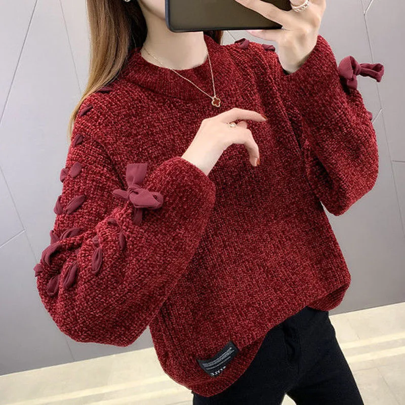 Fashion All-match Bow Patchwork Long Sleeve Sweaters Autumn Winter Women\'s Clothing Korean Sweet Solid Color Round Neck Knit Top