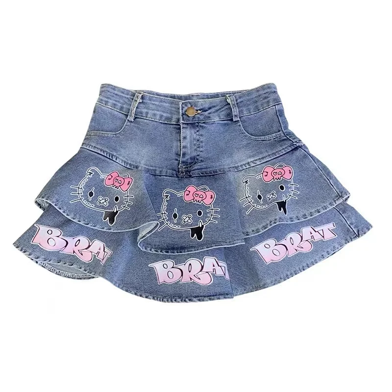 Women's Summer New Minimalist Printed Cartoon Letter Patchwork Spicy Girl High Waisted Button Pockets Cake A-line Short Skirts