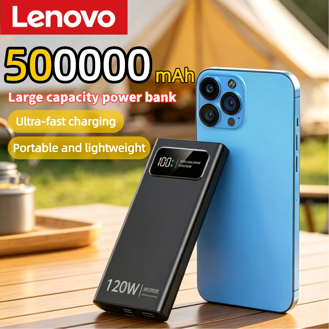 Lenovo 500000mAh Power Bank Large Capacity Super Fast Charging Portable Mobile Powerbank for iPhone Samsung Huawei 2026 New