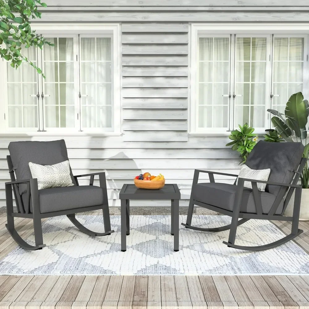 Patio Outdoor Rocking Chairs Set of 2 with Coffee Table, 3 Piece Metal Outdoor Patio Furniture Set,  Bistro Conversation Set