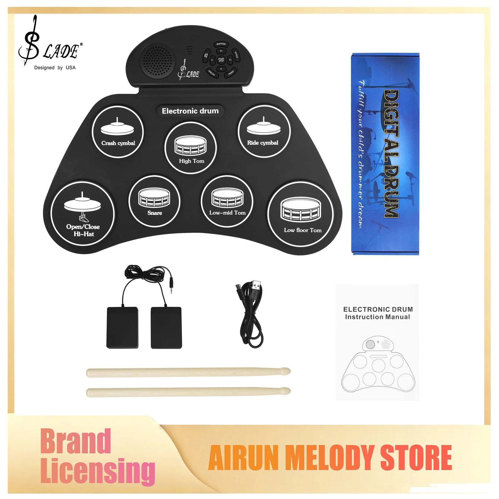 SLADE SD-7 Roll Up Electronic Drum 7 Pads 4 Drums 3 Cymbals Built In Speaker Foldable Drum for Learners Training Entertainment