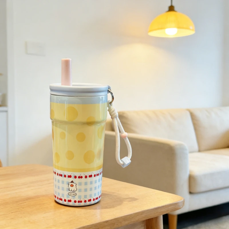 

New Polka Dot Large Capacity Insulated Cup Women Giant Straw Water Bottle Double Wall Cold Keep Ice Mug Leakproof Ton Ton Kettle