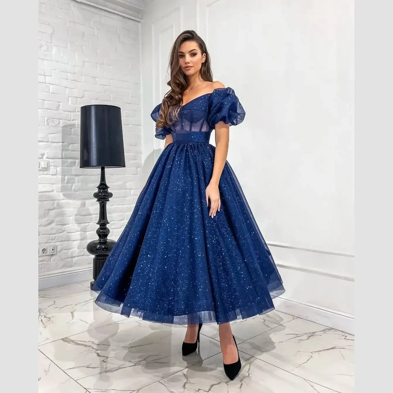 Sexy Dress Shiny Navy Blue Off Shoulder Prom Dresses Glitter Ankle Length Sweetheart Evening Gowns Puff Sleeve Backless Banquet