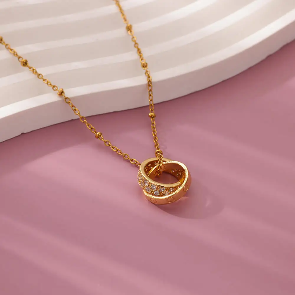 Wrap Double Rings Pendant Necklace for Women Fashion Gold Color Beads Chain Choker Necklaces Romatic Wedding Jewelry Gift