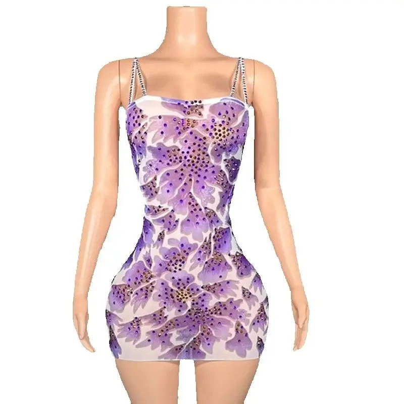 Frauen Hochzeit Outfit Lila Gold Strass Festival Kleid Feiern Abendkleider Bühne Nachtclub Bar Bühne Tragen XS10167