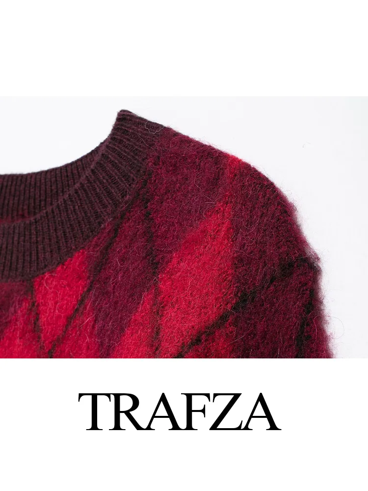 Trafza inverno moda feminina padrão de diamante decorado em torno do pescoço pulôver camisola feminina manga longa aperto tricô topo mujer