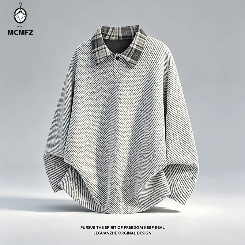 Mens Long Sleeve V Neck Corduroy Sweatshirt Plaid Spliced Collar Diagonal Texture Loose Fit Daily Wear