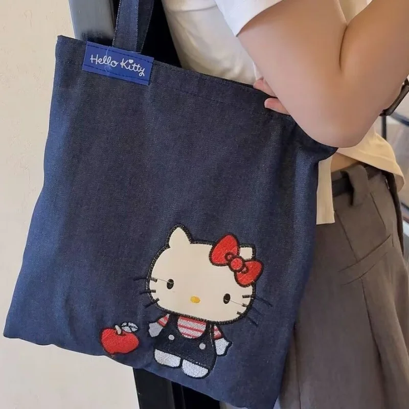 Cartoon Storage Bag Hello Kitty Denim Printed Shoulder Bag Sanrio Large Capacity Simple Commuting Handbag Lazy Style Versatile
