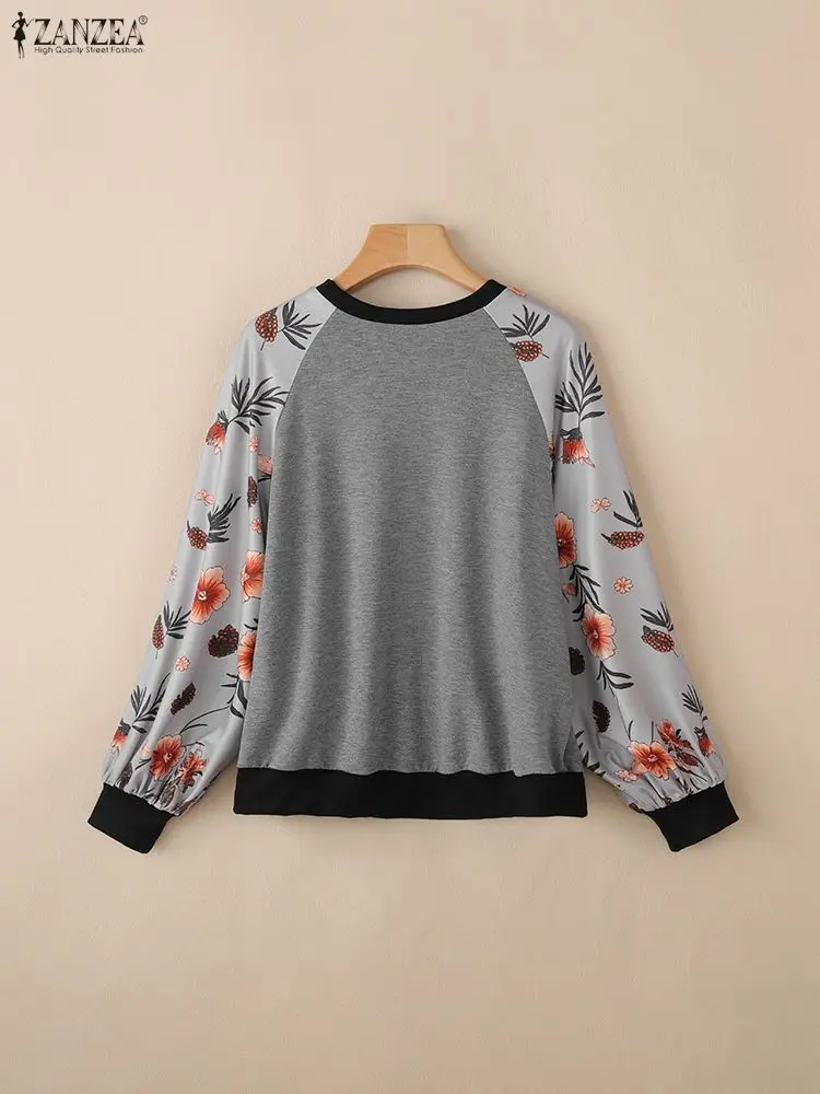 ZANZEA بلوزات النساء 2025 الخريف طويلة الأكمام الأزهار المطبوعة البلوز المرقعة هوديس القمم عادية س الرقبة محبوك البلوز #5