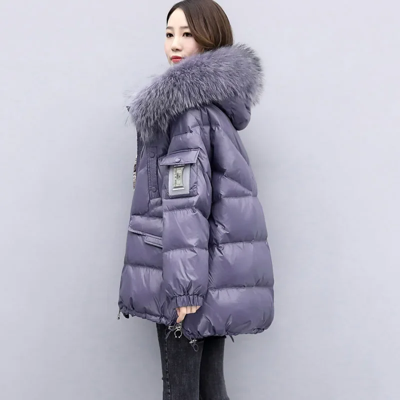 New Women Glossy Down Cotton Jacket Long Winter Padded Jacket Loose Thick Warm Cotton Coat Hooded Fur Collar Cold Parka Overcoat