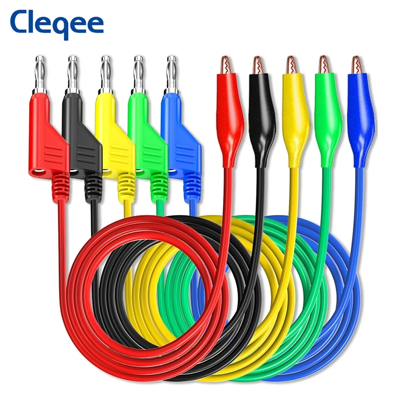 Cleqee P1044 5 sztuk 4mm wtyczka bananowa do układu zaciskowego przewody pomiarowe zaciski krokodylkowe trwałe kable testowe multimetru 1M
