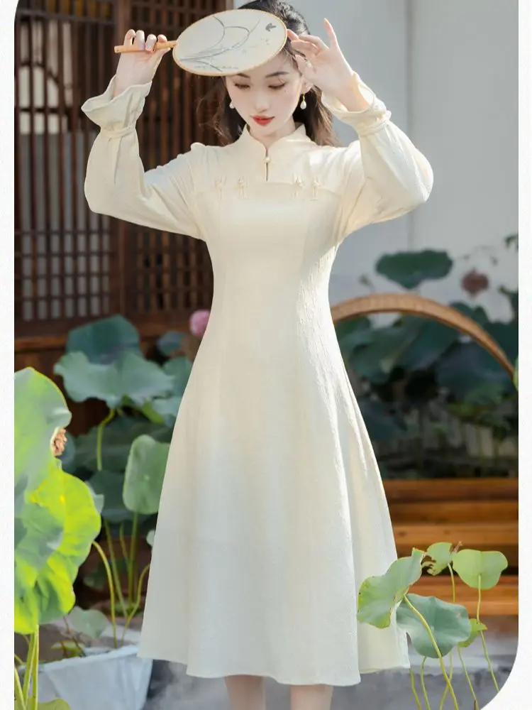 

2023 Autumn Chinese Style Young Lady Elegant Dress Long Flare Sleeve Mandarin Collar Female Cheongsam Slim Women's Vintage Dress