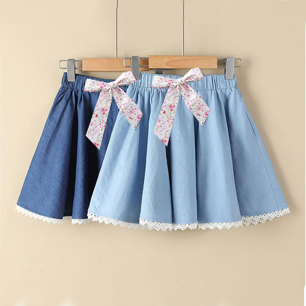 

Girls Jean Skirt with Floral Belt Kids Outfit 4 To14 Year Big Children's Lace Stitching Dress 2023 Summer Teenagers Clothes