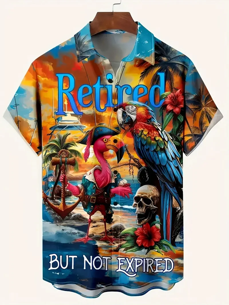 

Palm Tree Sunset Graphic Hawaiian Shirts Short Sleeve Men's Summer Beachwear Retired But Not Expired Design Button-Up Shirt