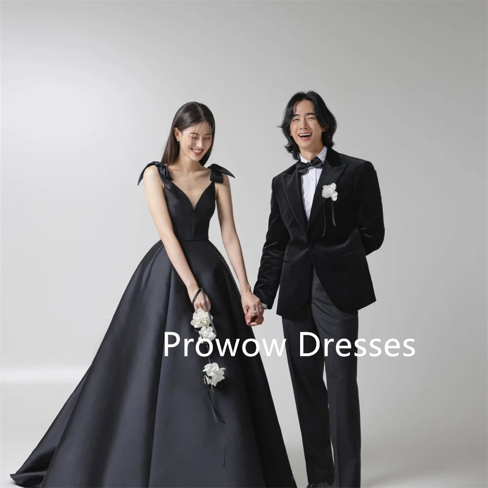 Prowow Simple Black Prom Dresses Korea Photoshoot Sweetheart A Line Wedding Party Gowns Floor Length Sleeveless Bows Customized