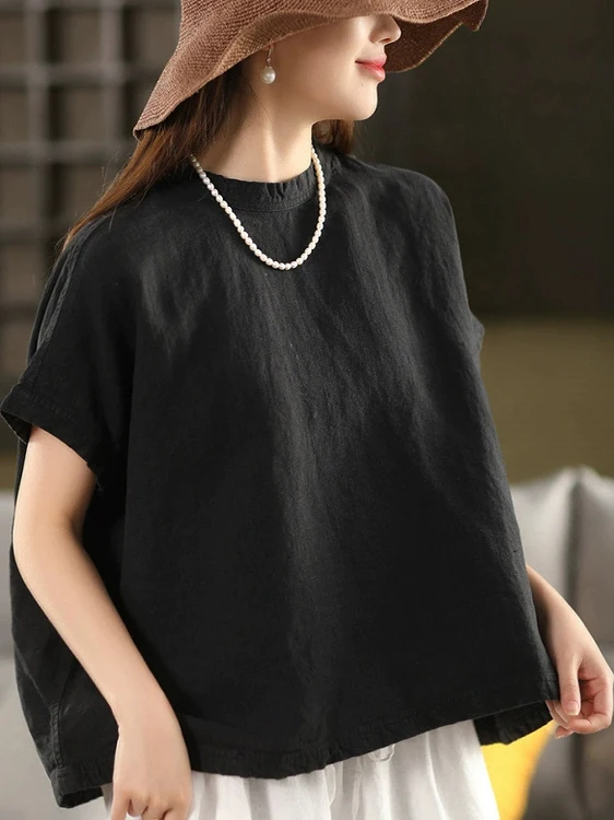 Retro Linen Short Sleeve Shirt Women's Casual Comfortable Breathable round Neck Button Detail Loose Fit T-Shirt Fashion Top