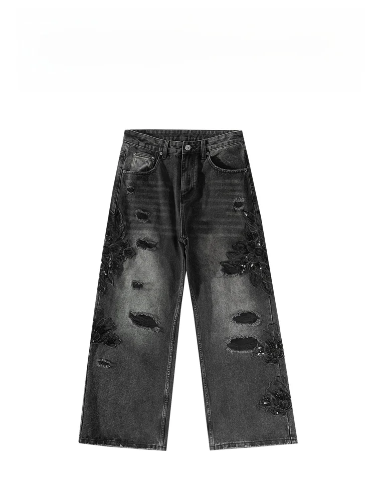 

BAIRBAOLIY Handmade High-End Floral American Street Hip Hop Ripped Loose Straight Jeans Men's iny Tead Crtsmanip
