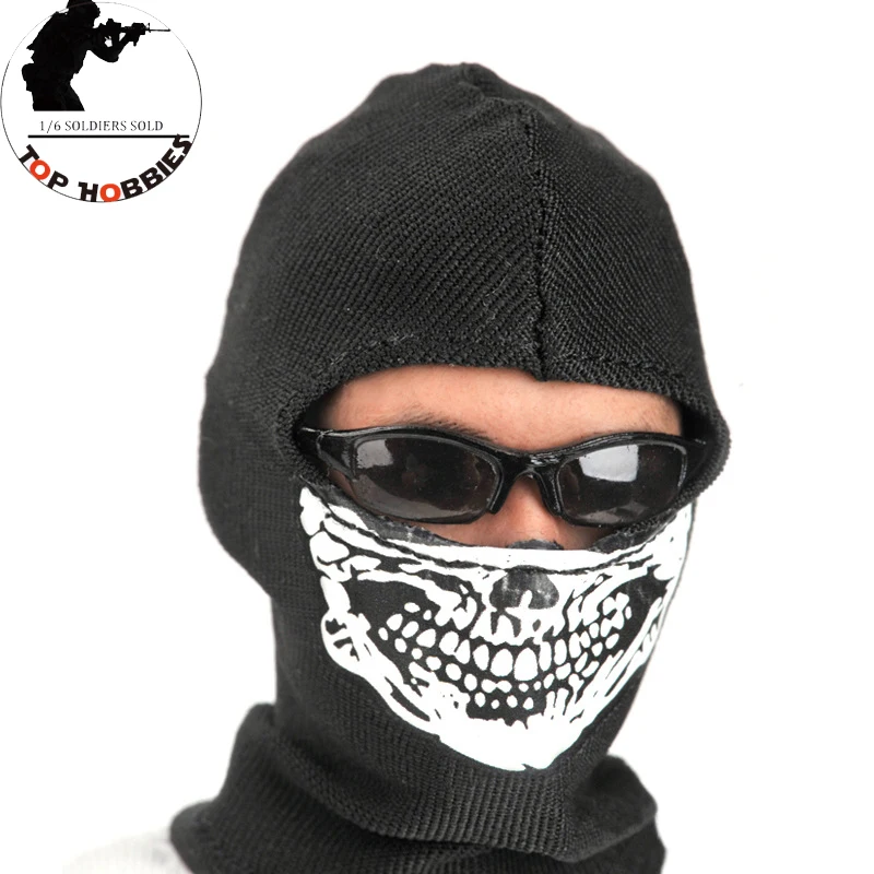 1/6 Scale Black Skull Mask Headgear Model FullFace Headcover Soldier Accessory For 12