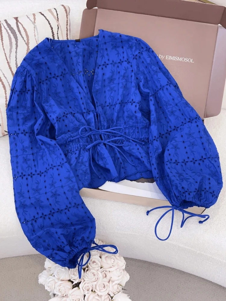 

Spring 2026 Women's Heavy-Work Design Hollow out irt with Lantern Sves Trendy Belted Top Korean Sle Loose Fit Long Sve