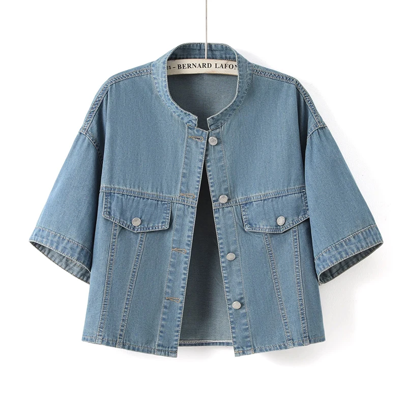 

Summer New Blue Slim Short Denim Jacket Women Thin Stand-Up Collar Single-Breasted Short Sleeve Jeans Jacket Coat Streetwear