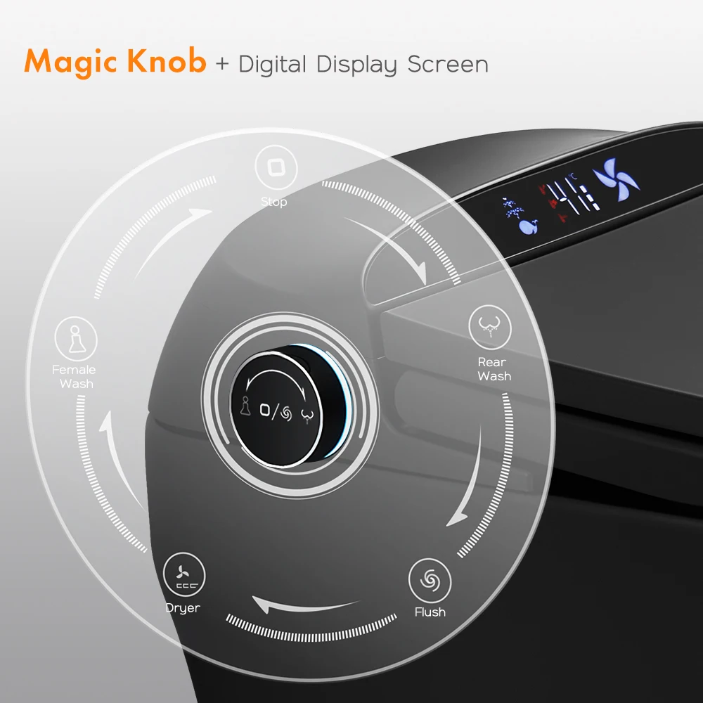 Modern One Piece Automatic Flush Remote Control Black Smart Toilet With Magic Knob