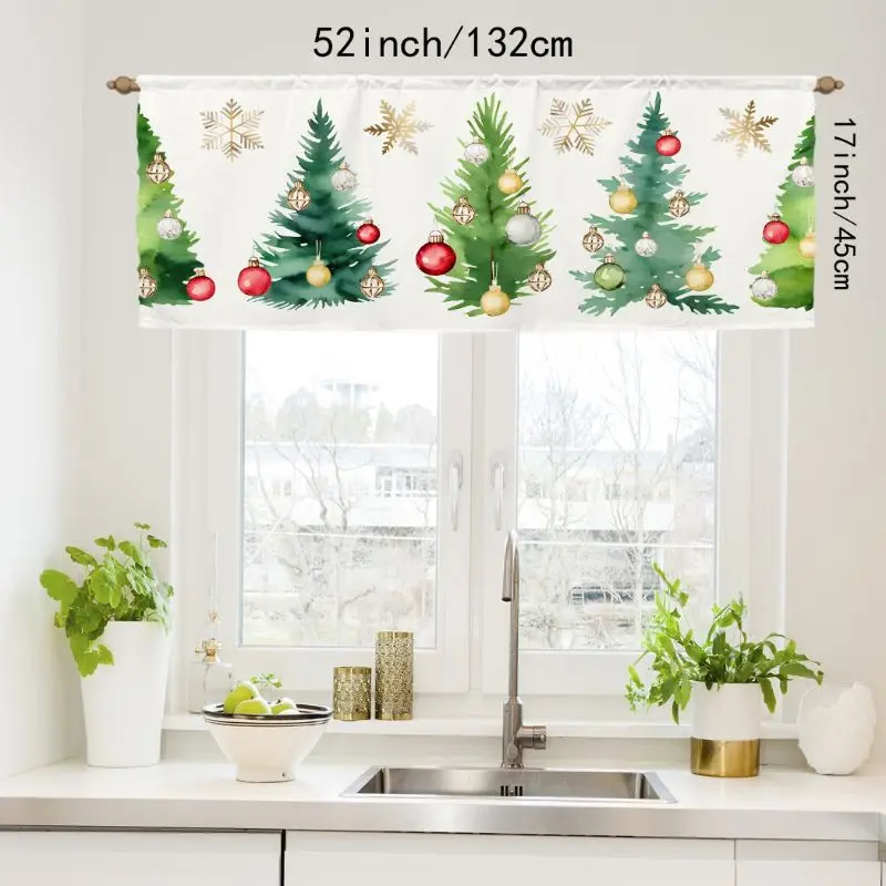 VIKAMA Red Glitter Snowflake Holiday Greetings Happy New Year Christmas Short Window Curtain Elegant Sparkle Festive Home Decor