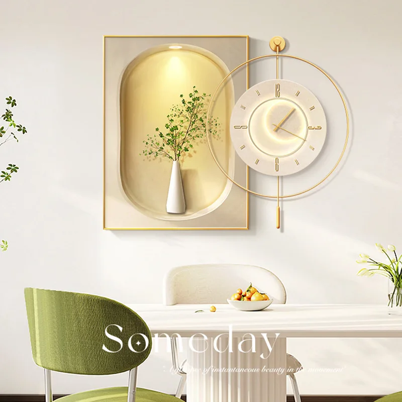 Green plant cream style dining room living room clock high-end light luxury creative clock hanging wall simple modern
