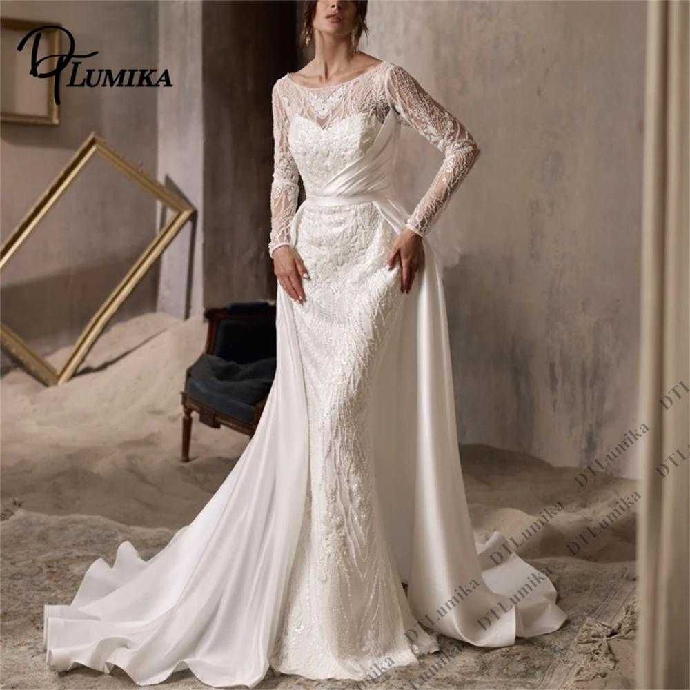 

DTLumika Customized Beaded Mermaid Bride Dress with Detachable Train, Sheer Full Sleeves Elegant Scoop Neck Wedding Dresses