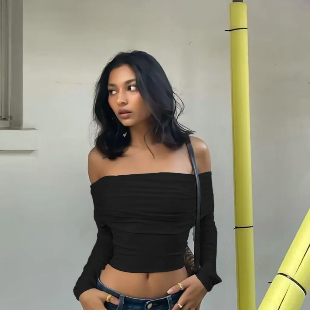 

Sexy Fashion Off-Shoulder Tube Top Pleated Slimming Navel T-Shirt for Women European And American Style