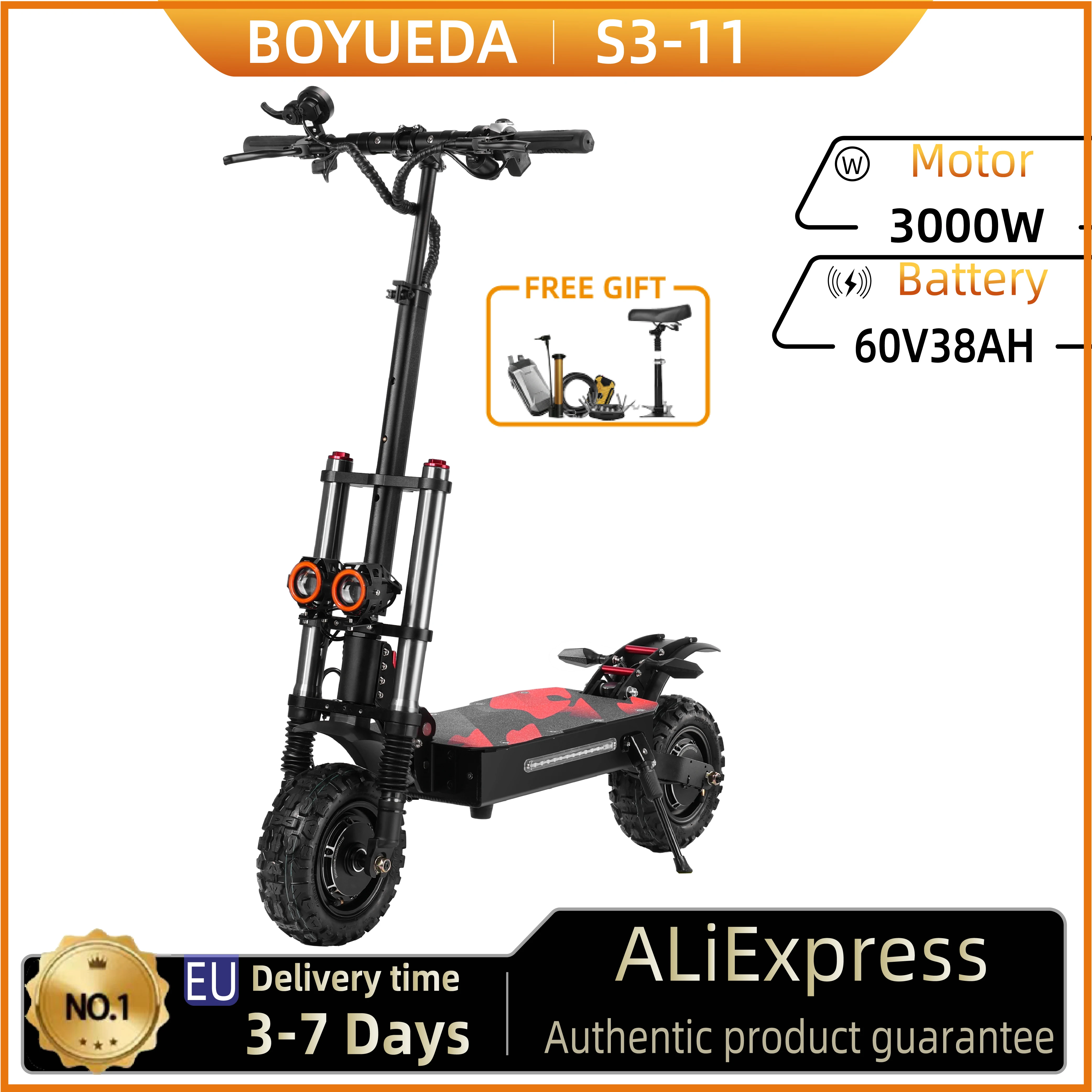 Trottinette électrique BOYUEDA S3-11, 6000W, double moteur, batterie lithium 60V 38AH, tout-terrain, trottinette électrique pour adultes, 11 pouces, trottinette électrique urbaine