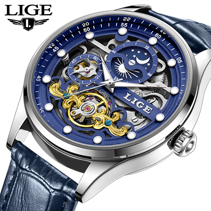 

LIGE лучший бренд класса люкс мужские механические часы водонепроницаемые светящиеся часы модные кожаные мужские наручные часы с фазой луны reloj