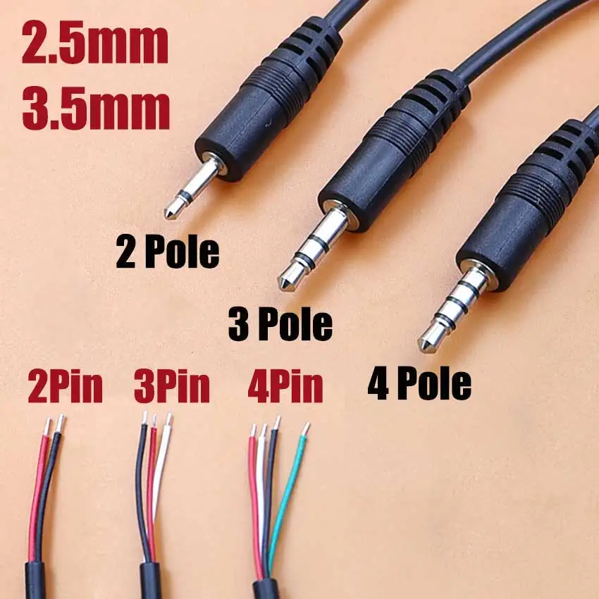 1pcs 2.5mm 3.5mm Mono Stereo Audio Cable Male Female Plug Jack Connector 2/3/4Pin Extension Wire DIY Earphone Mic Repair Cord