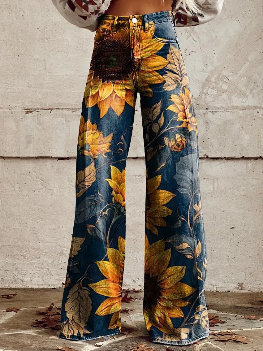 

Sunflower casual women's jeans, high waisted wide leg pants, loose fitting women's imitation denim wide leg pants