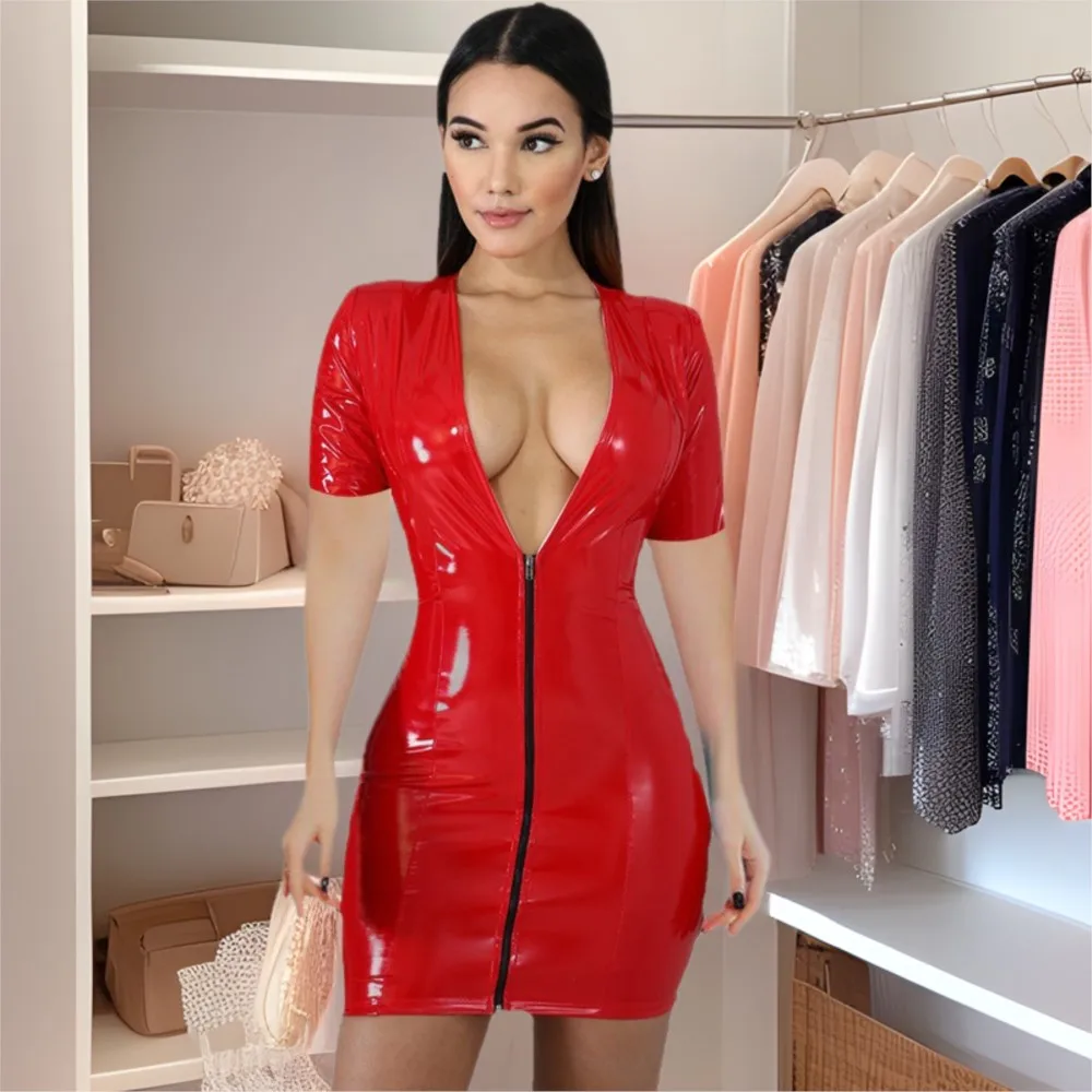 

Colorful Imitation Leather Dress Zipper PU Summer Women's High Elastic Deep V-neck Short Leather Dress Short-sleeved Hip Dress