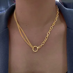 Oval Cable Link With Double Cuban Chain Necklace Women, Stainless Steel Fashion Mix Open Circle Pendant Statement Jewelry