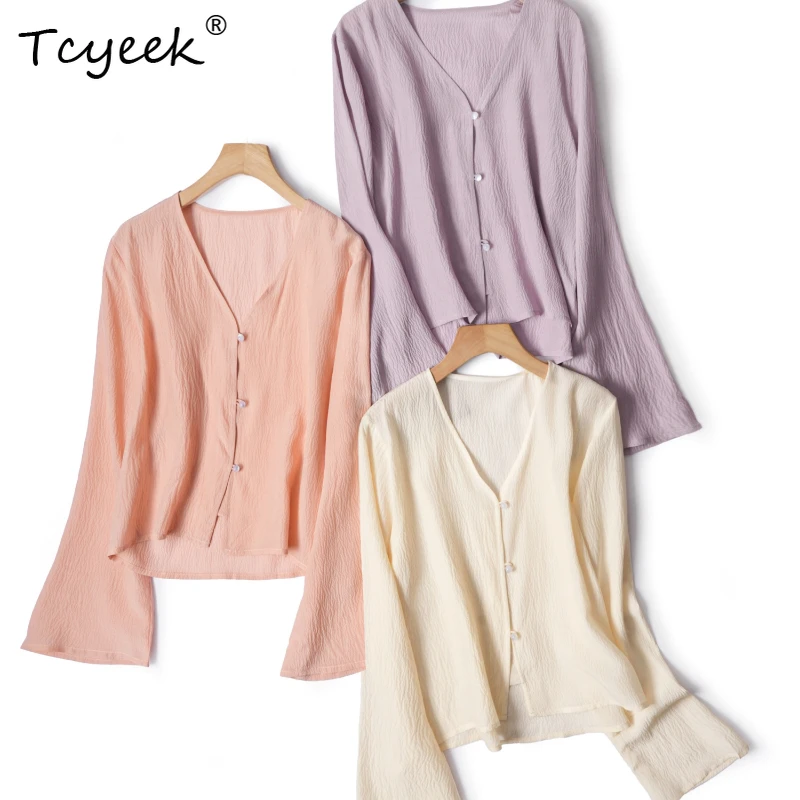 

Tcyeek 100% Real Mulberry Silk Summer Thin V-neck Micro Flared Long Sleeved Loose Solid Color Women's Shirts Женская Одежда 여름옷