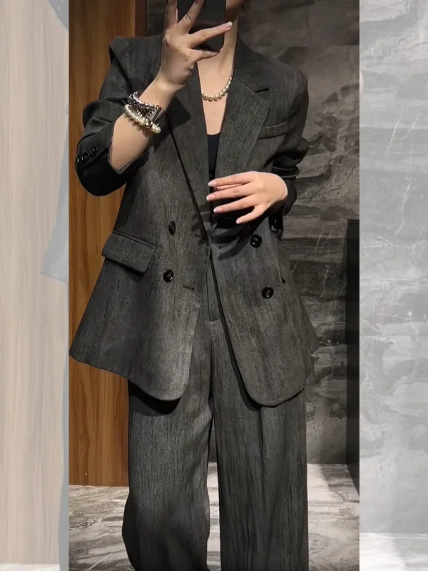 

Элегантный модный женский костюм: брюки с широкими штанинами, комплект из двух предметов, осенняя новинка, премиум-качество, деловой стиль, длинный рукав