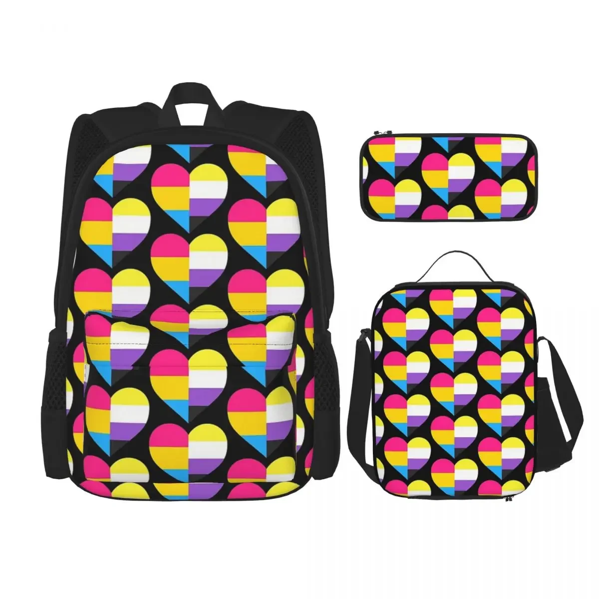 Pan And Nonbinary Pride Heart Backpacks Boys Girls Bookbag Students School Bags Kids Rucksack Lunch Bag Pen Bag Three-Piece Set