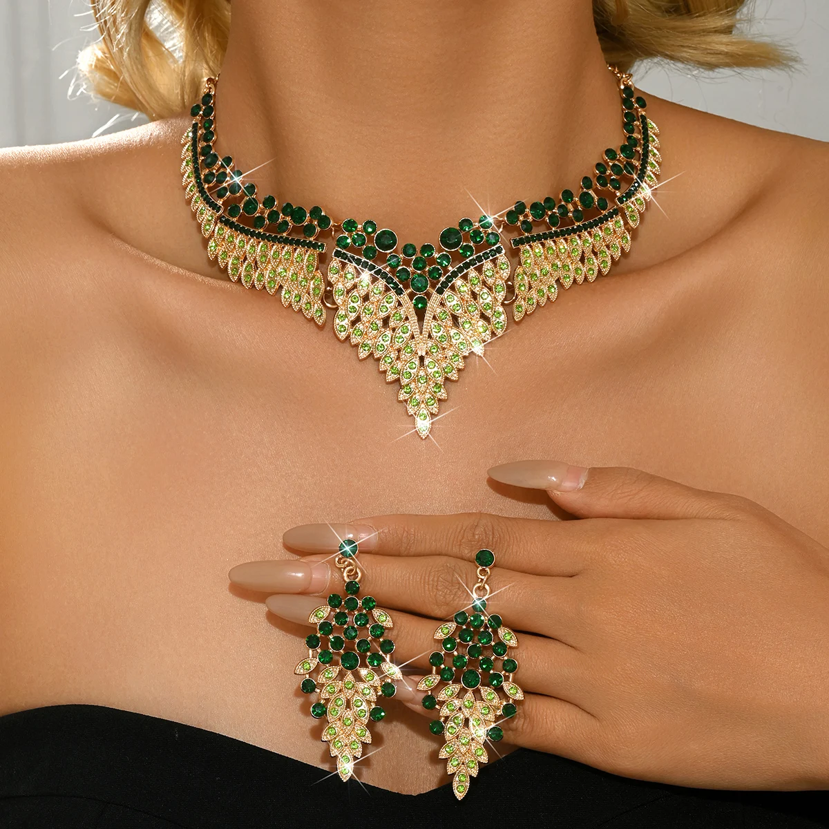 Damen Mehrfarbiges Diamant-Extravagantes Halsketten- und Ohrring-Set (2-teilig) für Bankett, Ball und Partykleid mit Accessoires – Detail 11