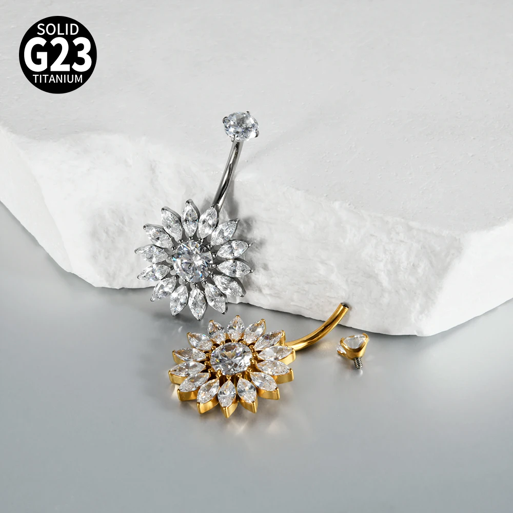 1PC High Quality G23 Titanium Marquise CZ Gem Sunflower Internal Thread Navel Belly Button Ring Charming Body Piercing Jewelry