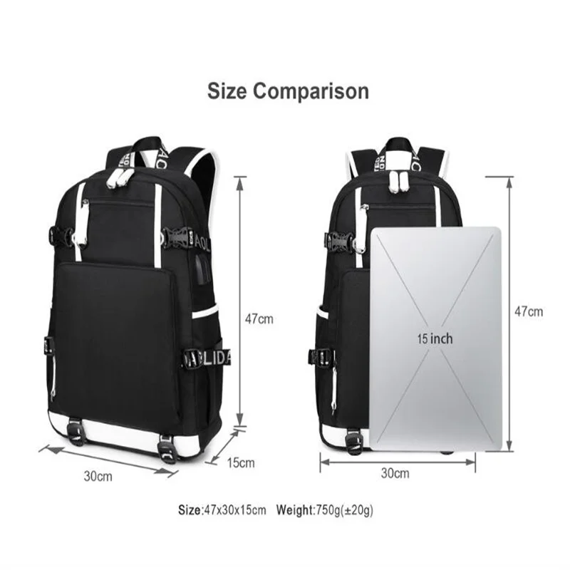 Anime Death Note L Backpack Mochila Teenarges Schoolbag Cartoon Men Women Causal USB Charging Port Shoulder Laptop Outdoor Bags