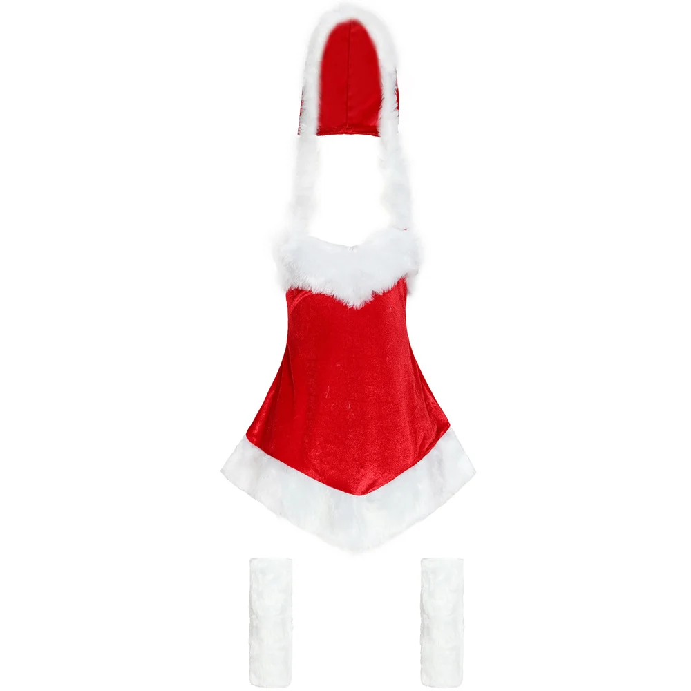 Papai Noel feminino Mini vestido com capuz, Traje De Natal, Xmas Party Cosplay